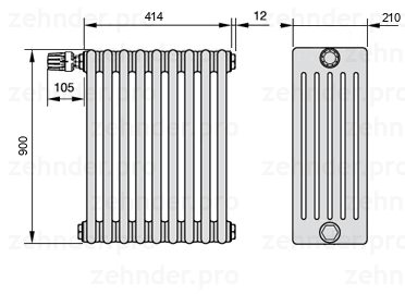 Схема (чертеж) Радиатор Zehnder Charleston 6090/9 №V012 Белый глянцевый RAL 9016